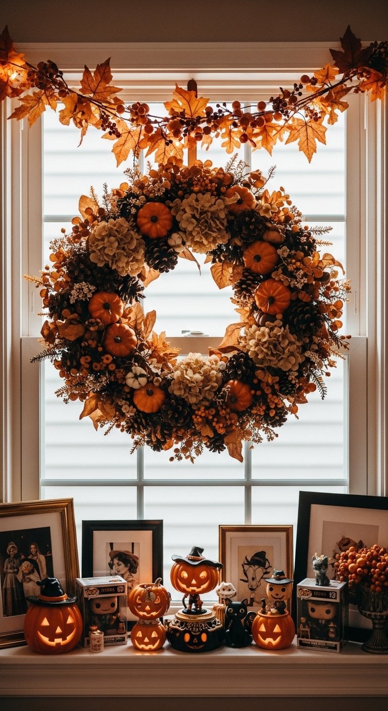 Couronne d automne avec citrouilles et décorations d Halloween sur un rebord de fenêtre