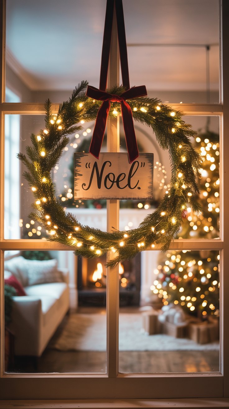 Couronne de noel illuminee avec un panneau Noel au centre