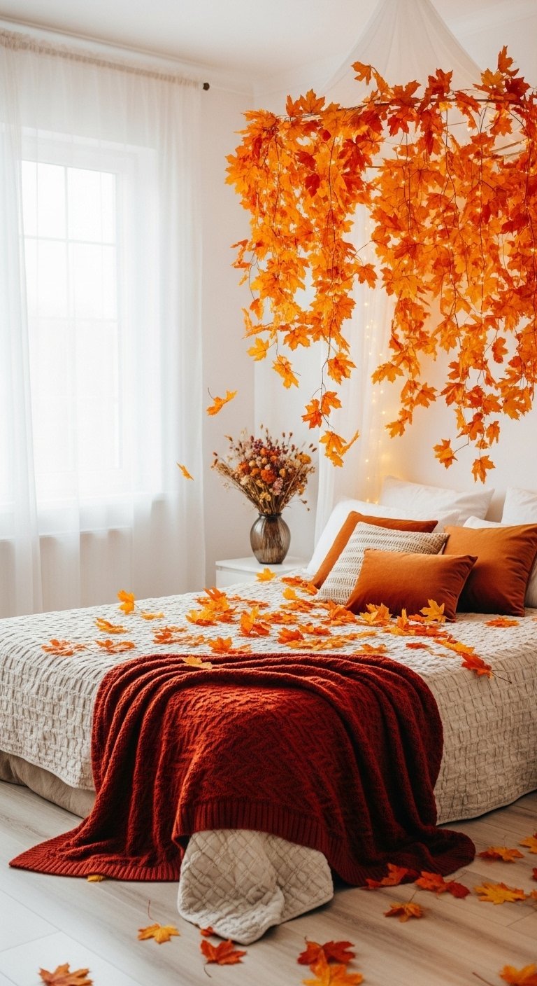 Decor de feuilles d automne orange suspendues au dessus d un lit avec un plaid rouge