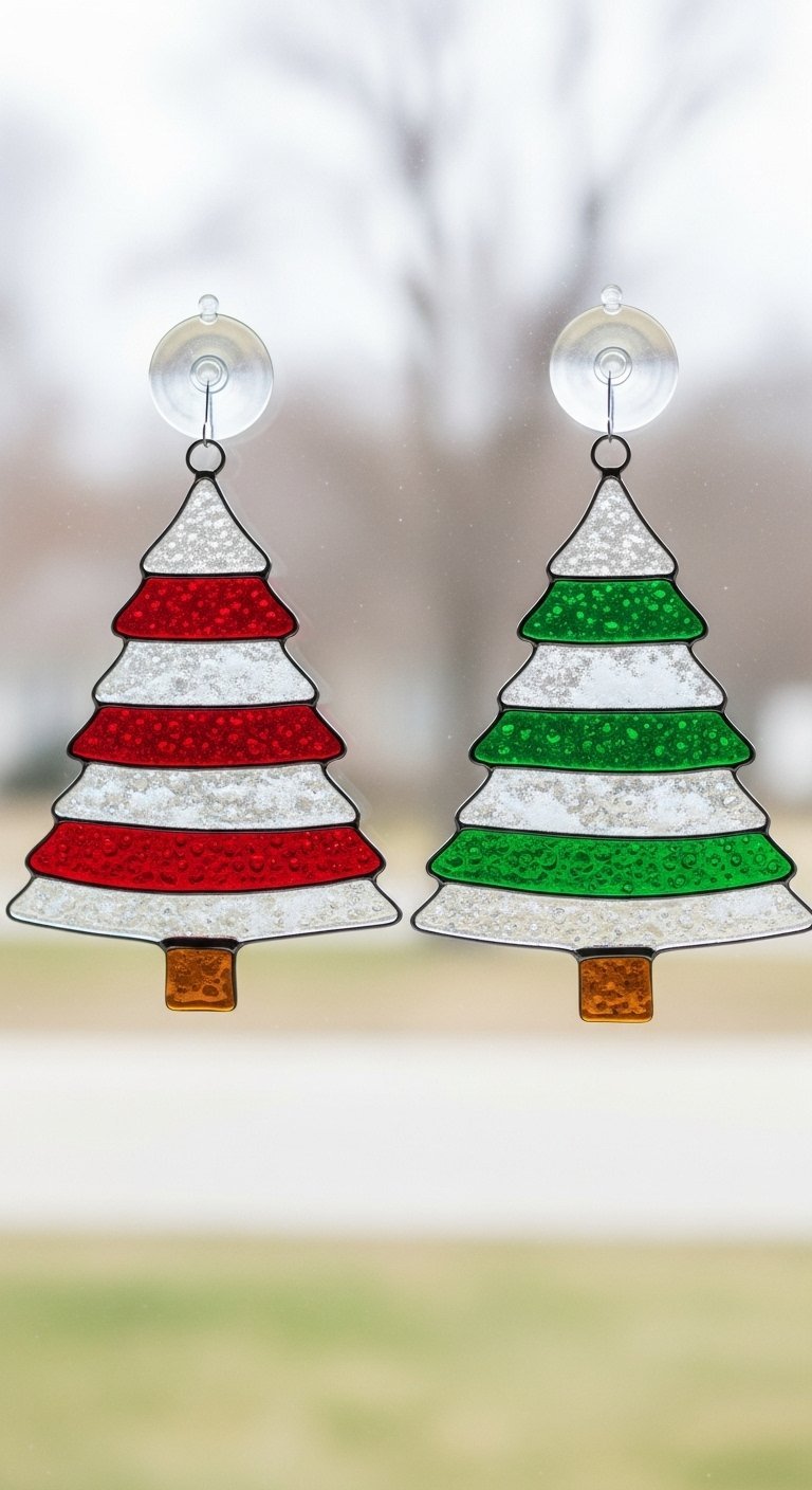 Deux décorations de fenêtre en vitrail en forme de sapin de Noël rayé rouge et vert