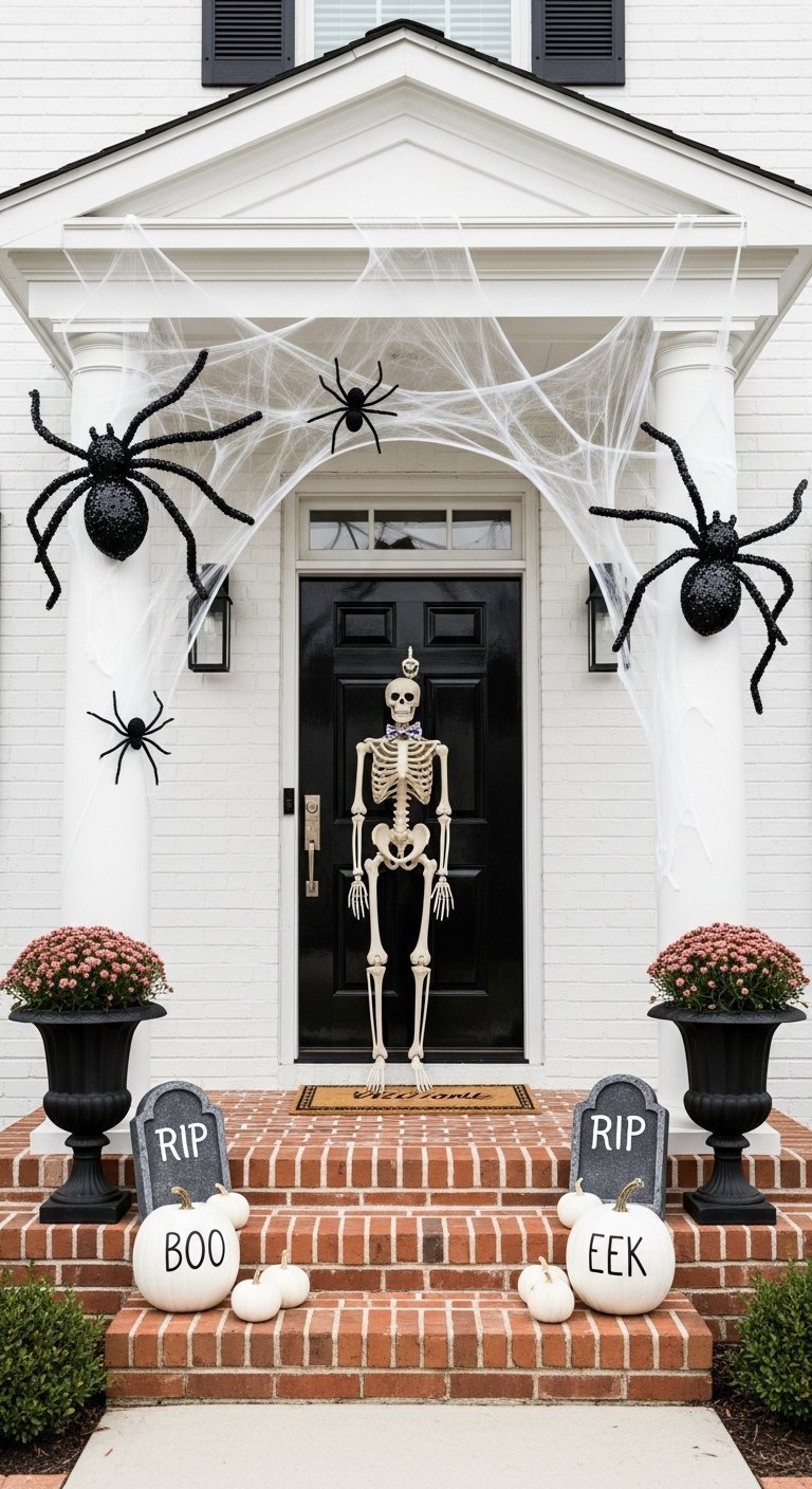 Entree de maison blanche avec des araignees noires et un squelette couronne