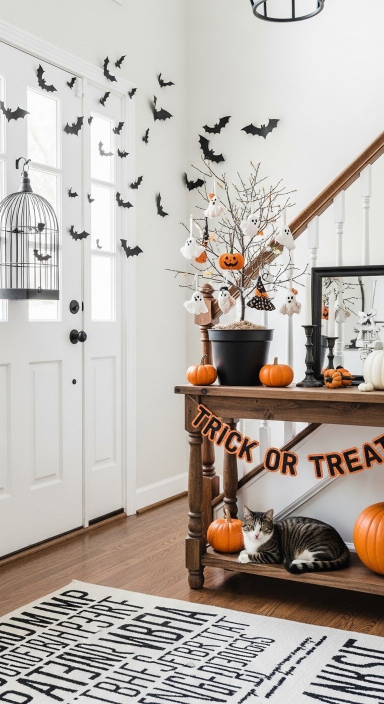 Entree de maison decoree avec un arbre d Halloween et des chauves souris