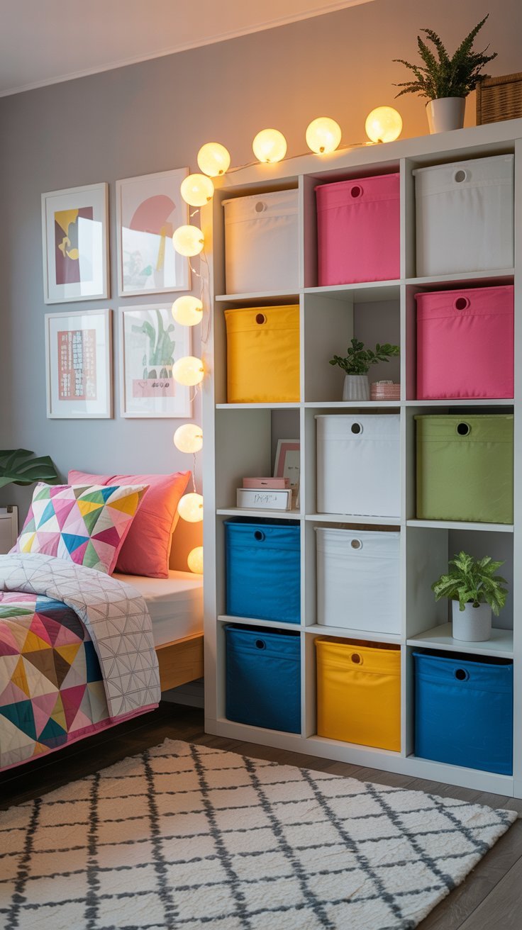 Étagère de rangement blanche avec bacs en tissu multicolores