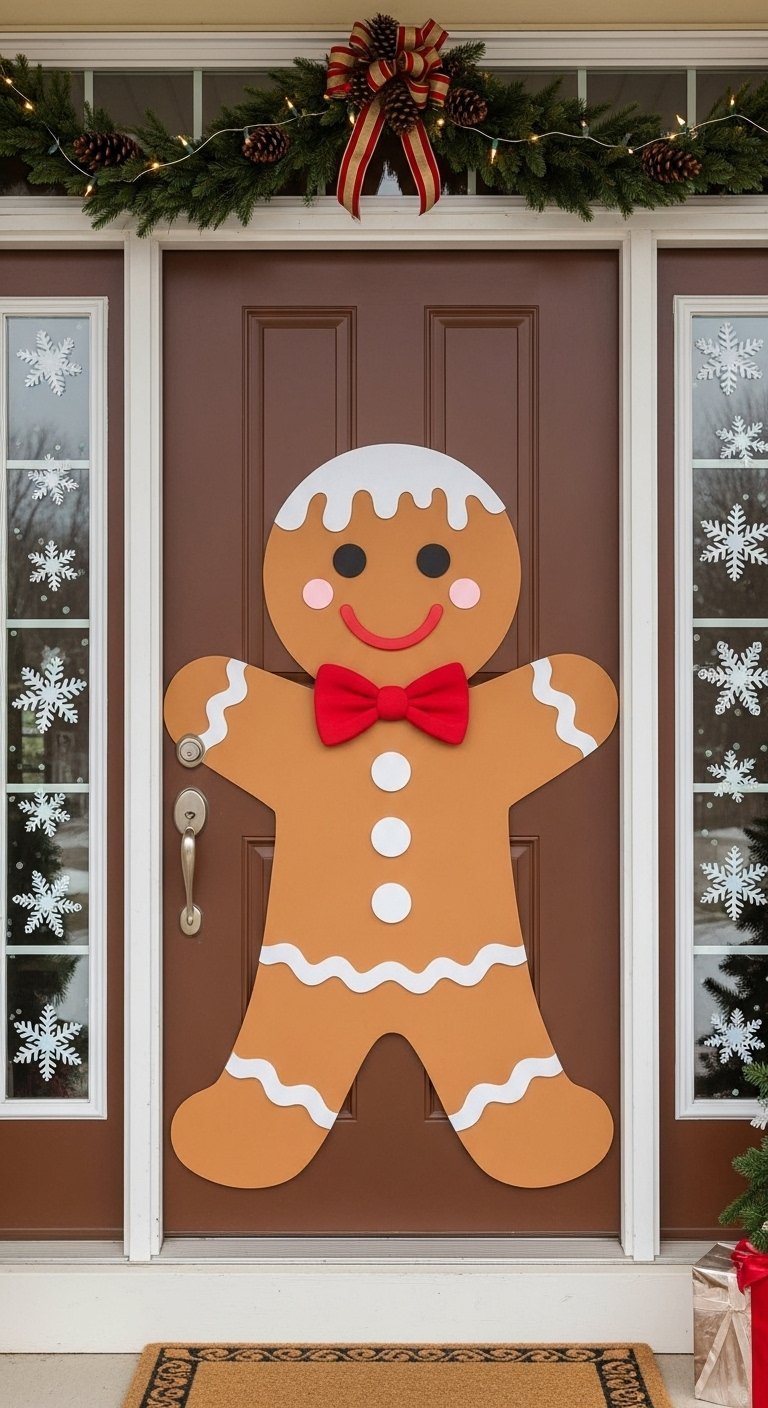 Grand bonhomme en pain d épices en carton collé sur une porte d entrée marron