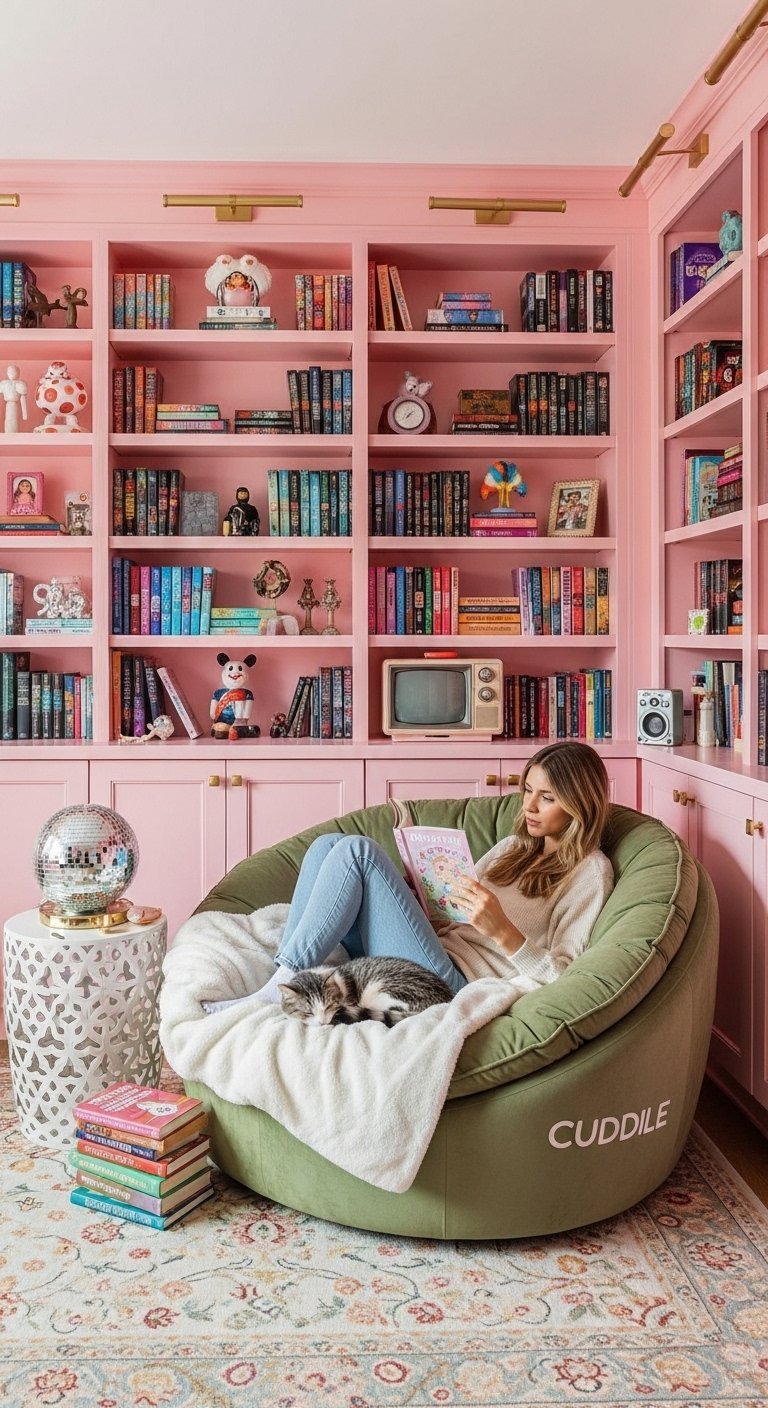 Grande bibliotheque integree peinte en rose dans un salon