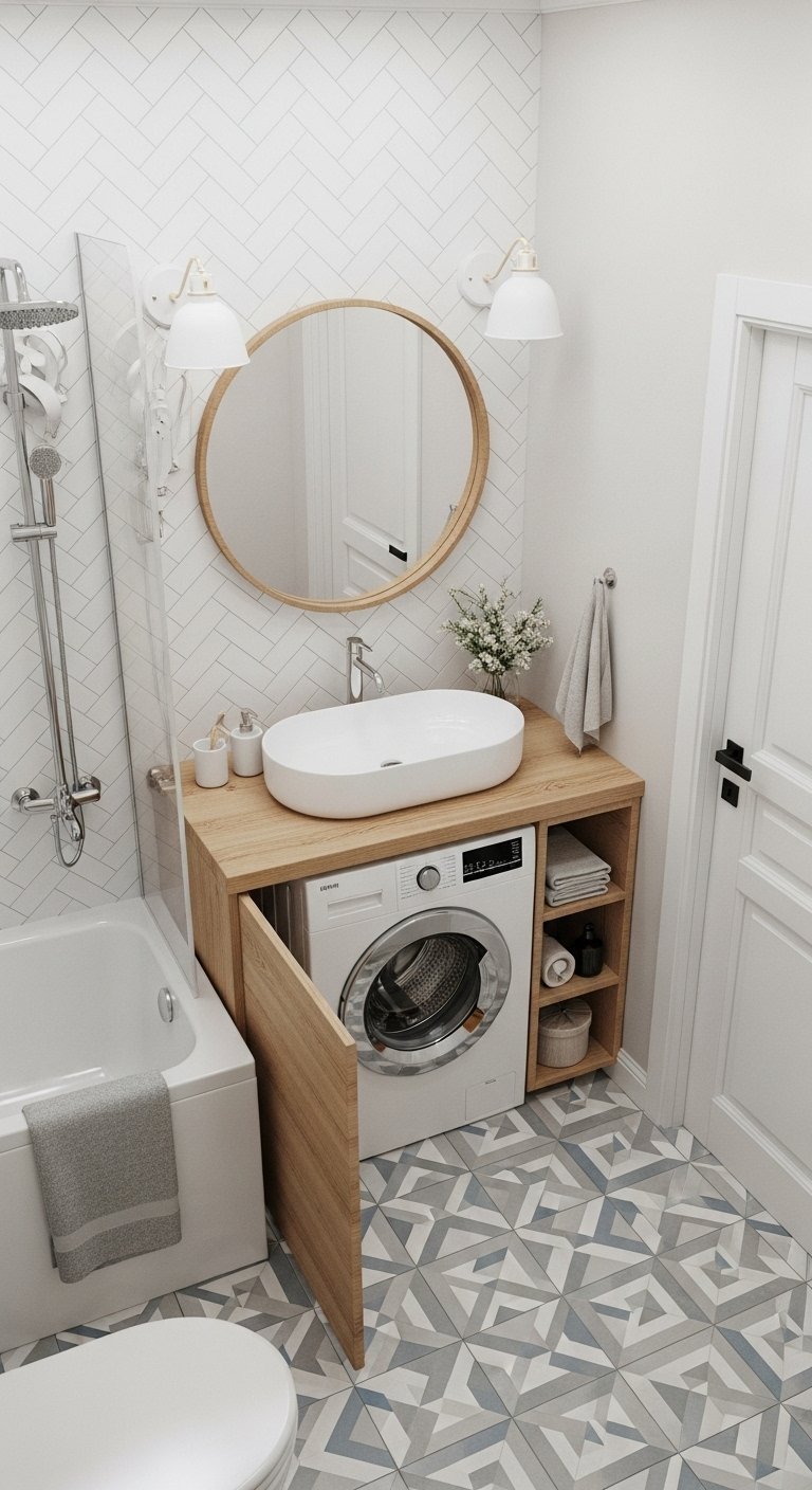 Lave linge intégré sous un plan de travail en bois avec vasque