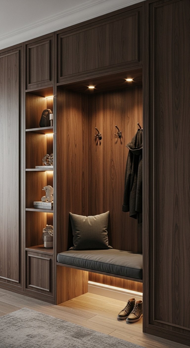 Meuble d entree integre en bois fonce avec banc et etageres eclairees