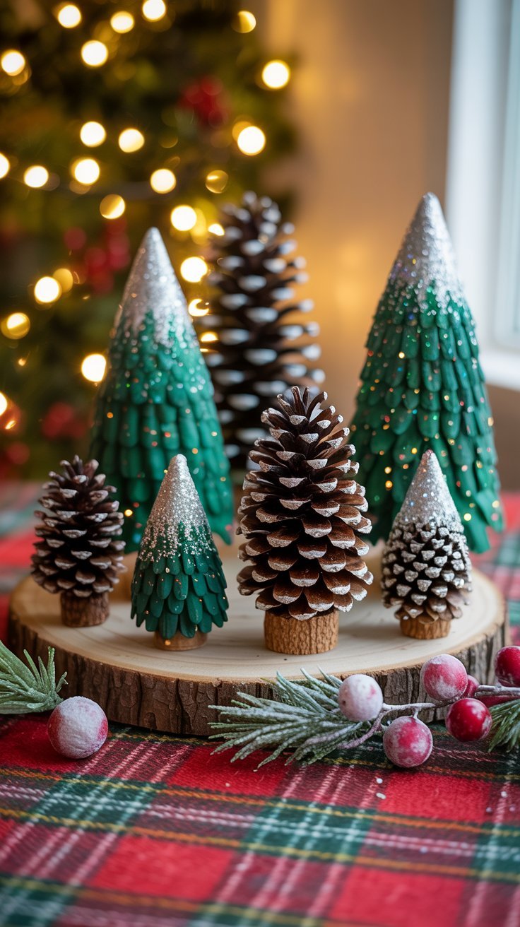 Mini sapins de noel faits avec des pommes de pin peintes en vert