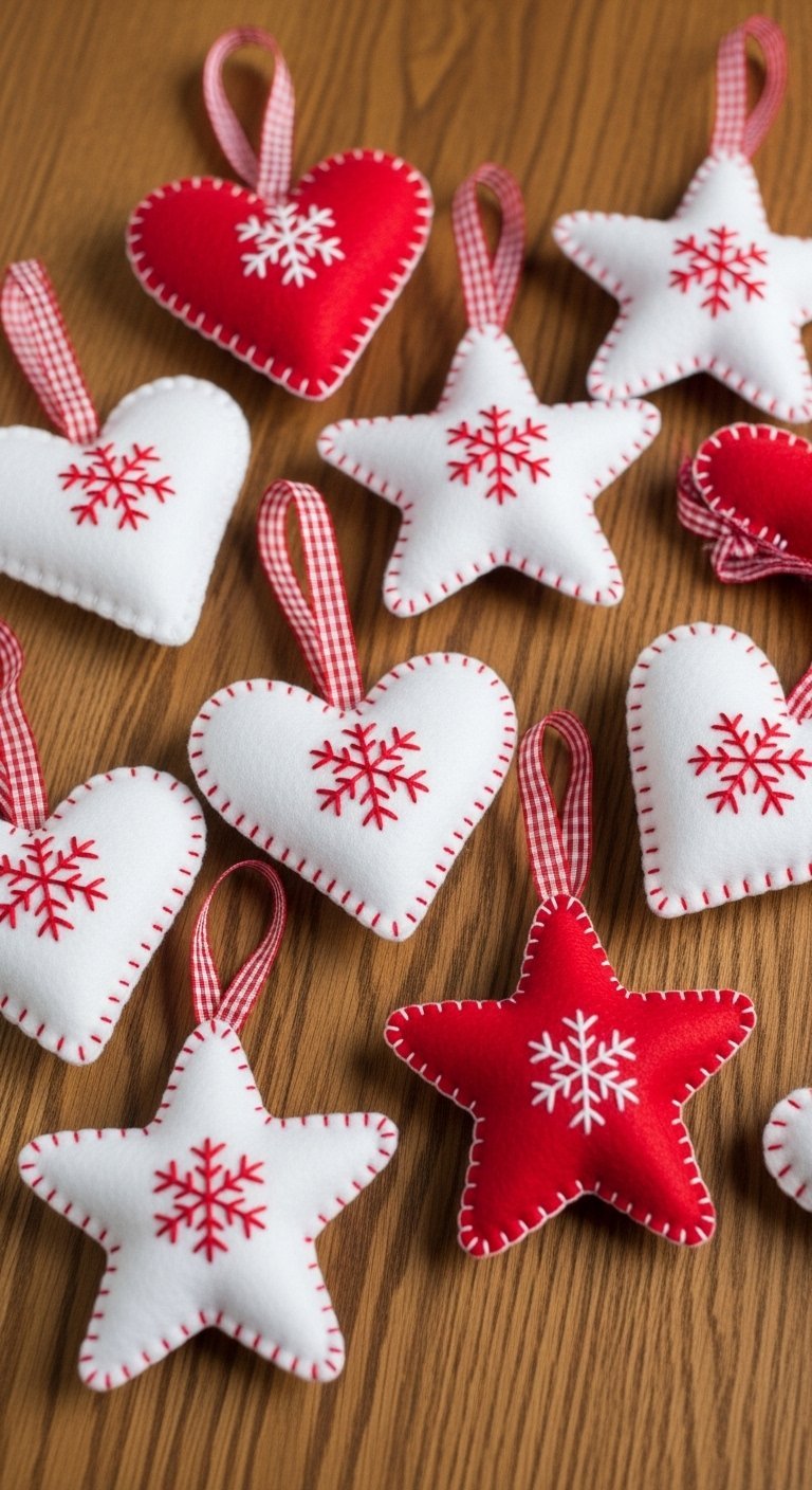 Ornements de Noël en feutrine en forme de cœurs et étoiles