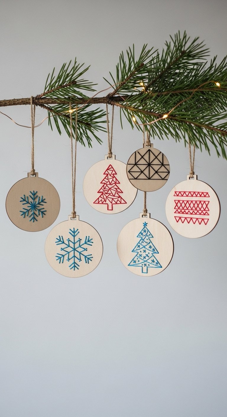 Ornements de noel ronds en bois avec des motifs de flocons brodes