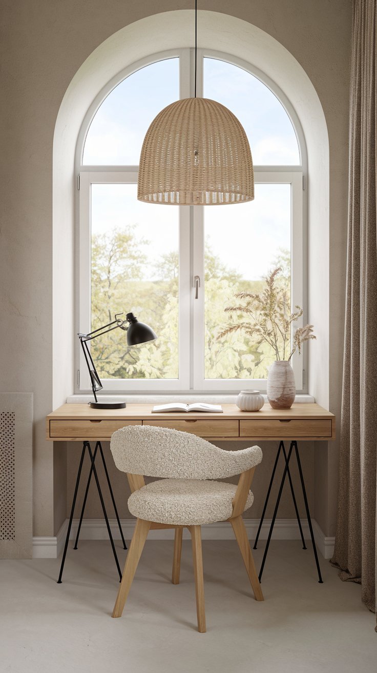 Petit bureau en bois avec chaise en tissu bouclé devant une fenêtre cintrée