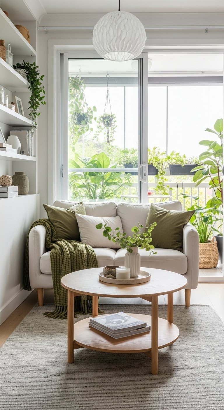 Petit canapé beige avec coussins verts devant une baie vitrée
