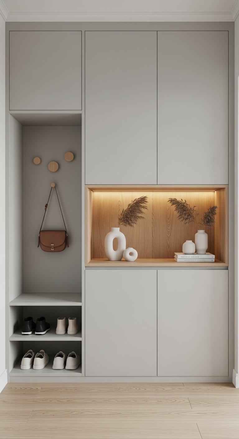 Placard entree gris clair avec niche en bois eclairee par LED