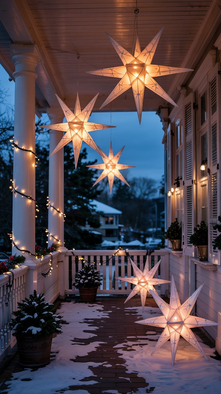 Porche decore avec de grandes etoiles lumineuses en papier