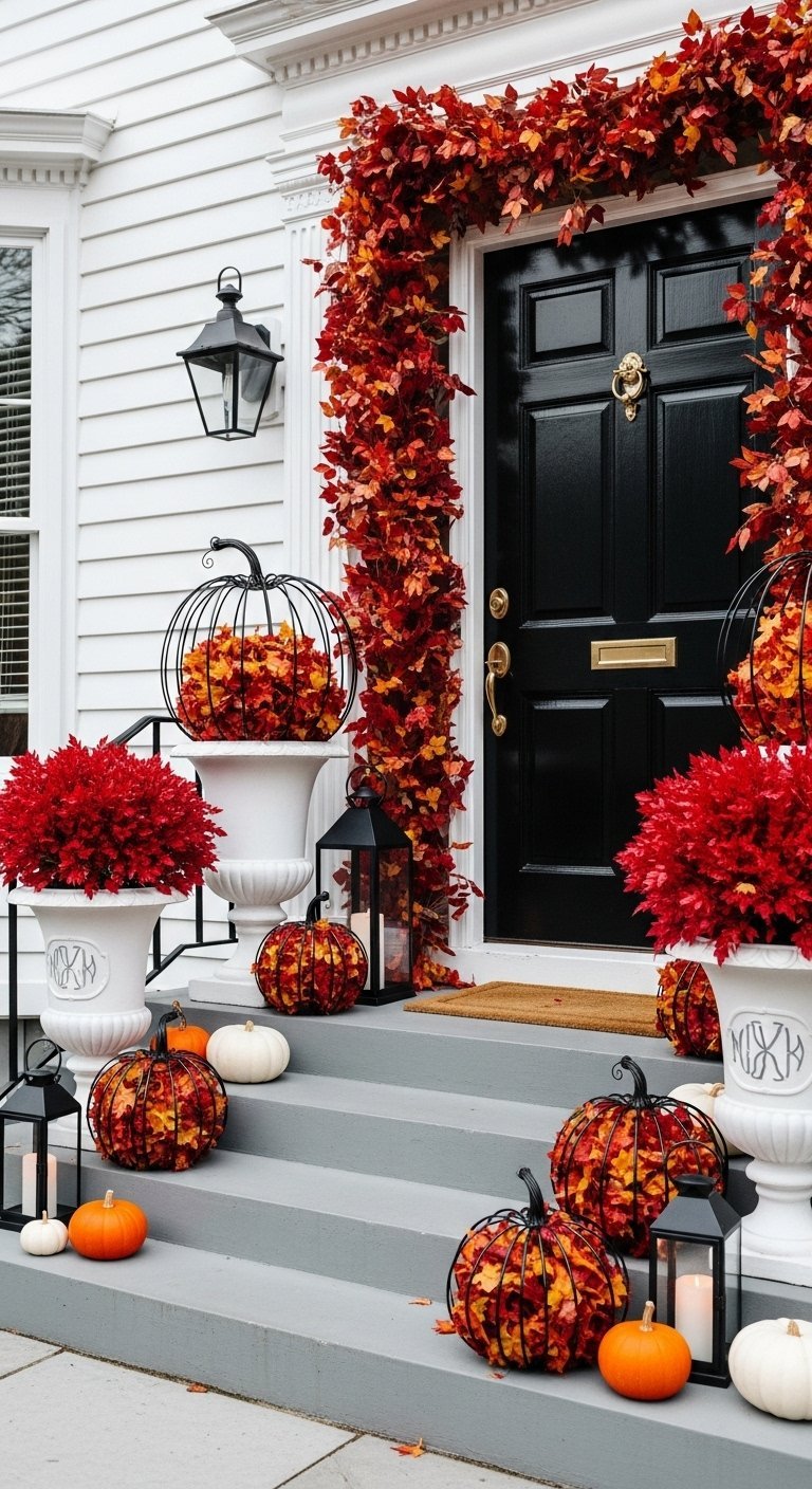Porte noire entouree d une guirlande de feuilles rouges d automne