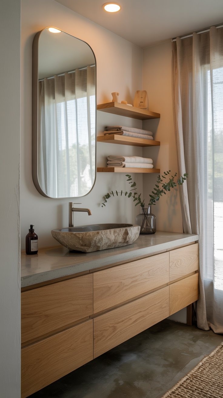 Salle de bain moderne avec vasque en pierre naturelle et meuble en bois clair