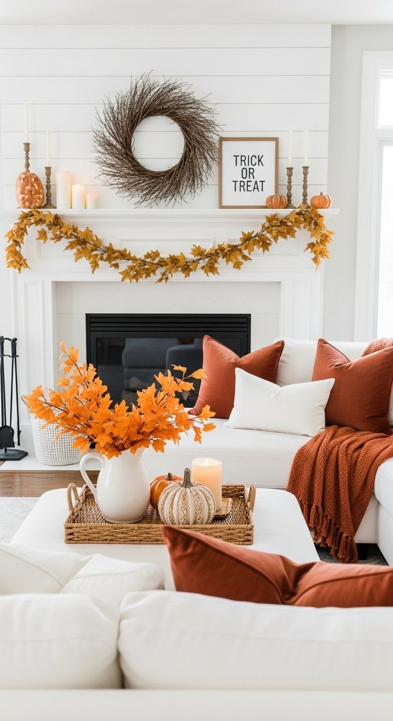 Salon blanc moderne avec des coussins orange et une cheminee decoree pour l automne