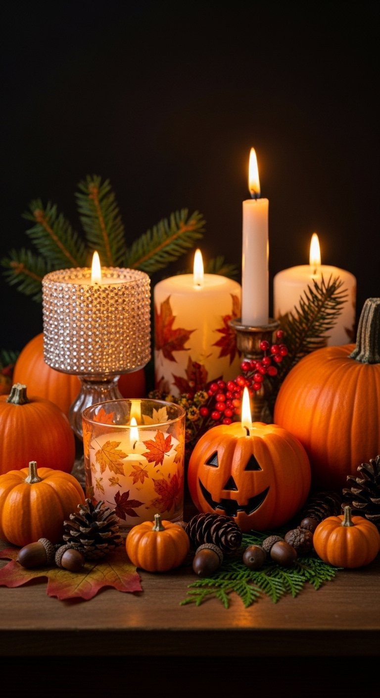 Scène d Halloween avec bougies allumées et citrouilles sculptées