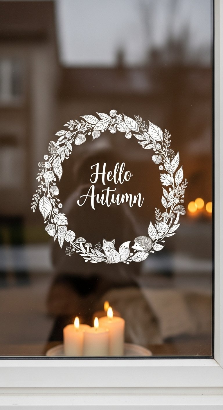 Sticker de couronne blanche avec texte Hello Autumn sur une vitre