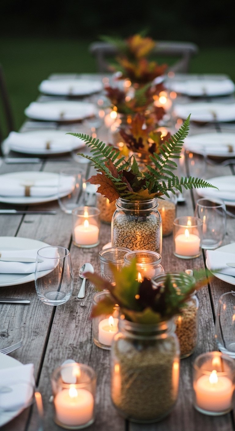 Table de dîner extérieure avec bocaux Mason et bougies comme centre de table