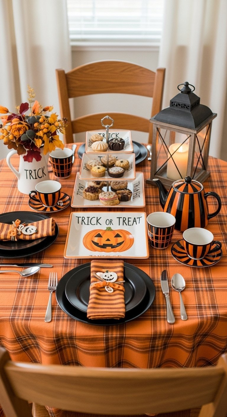 Table festive trick or treat avec nappe a carreaux orange