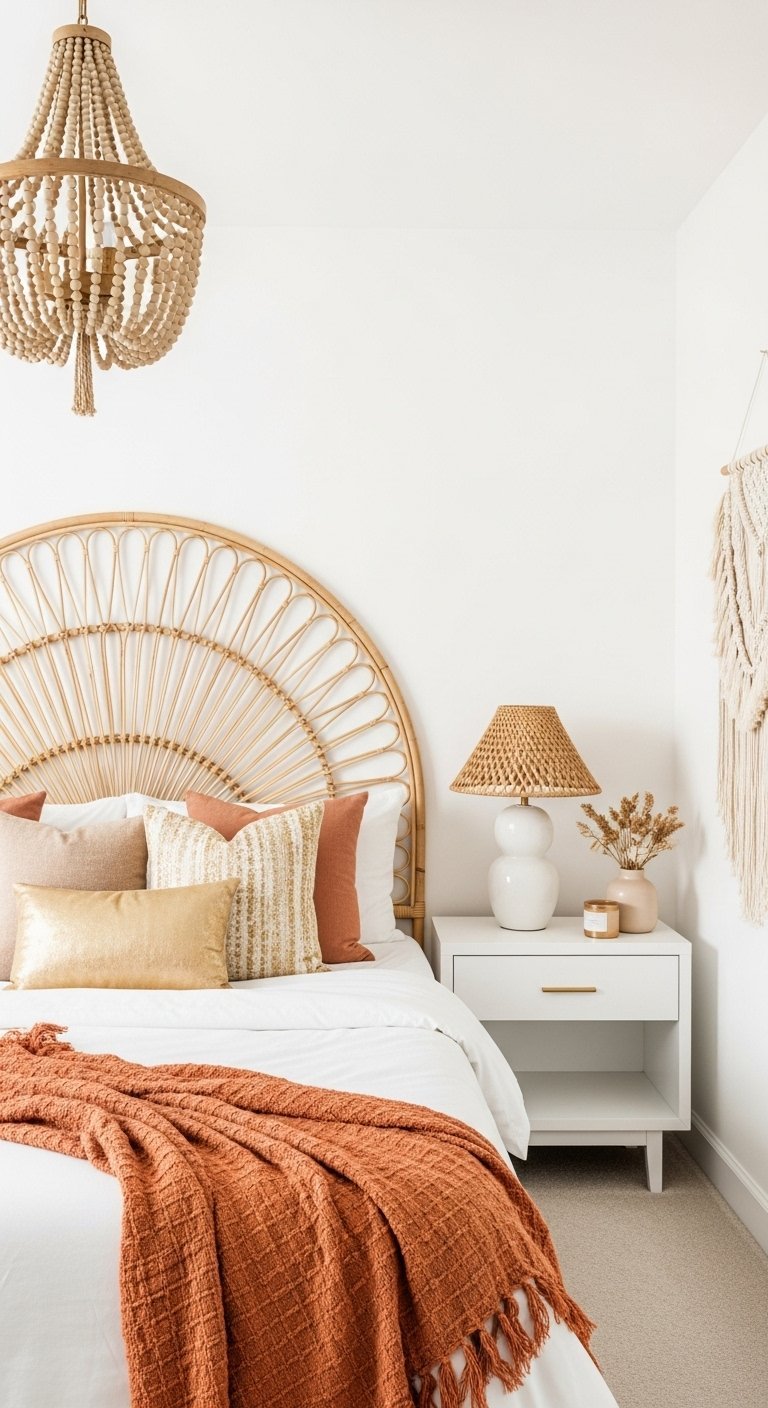 Tête de lit en rotin avec plaid terracotta et lustre en perles
