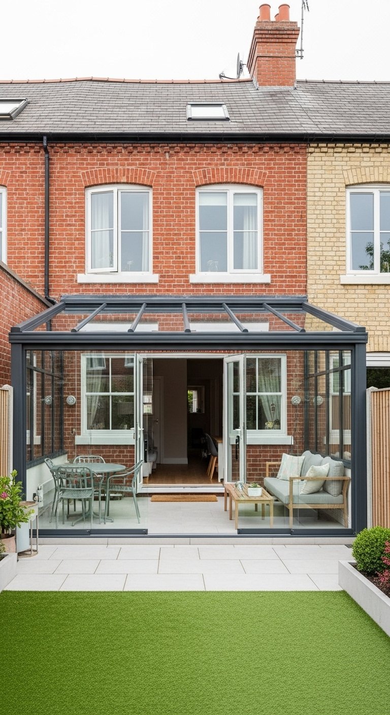Véranda en aluminium gris sur une maison en briques rouges