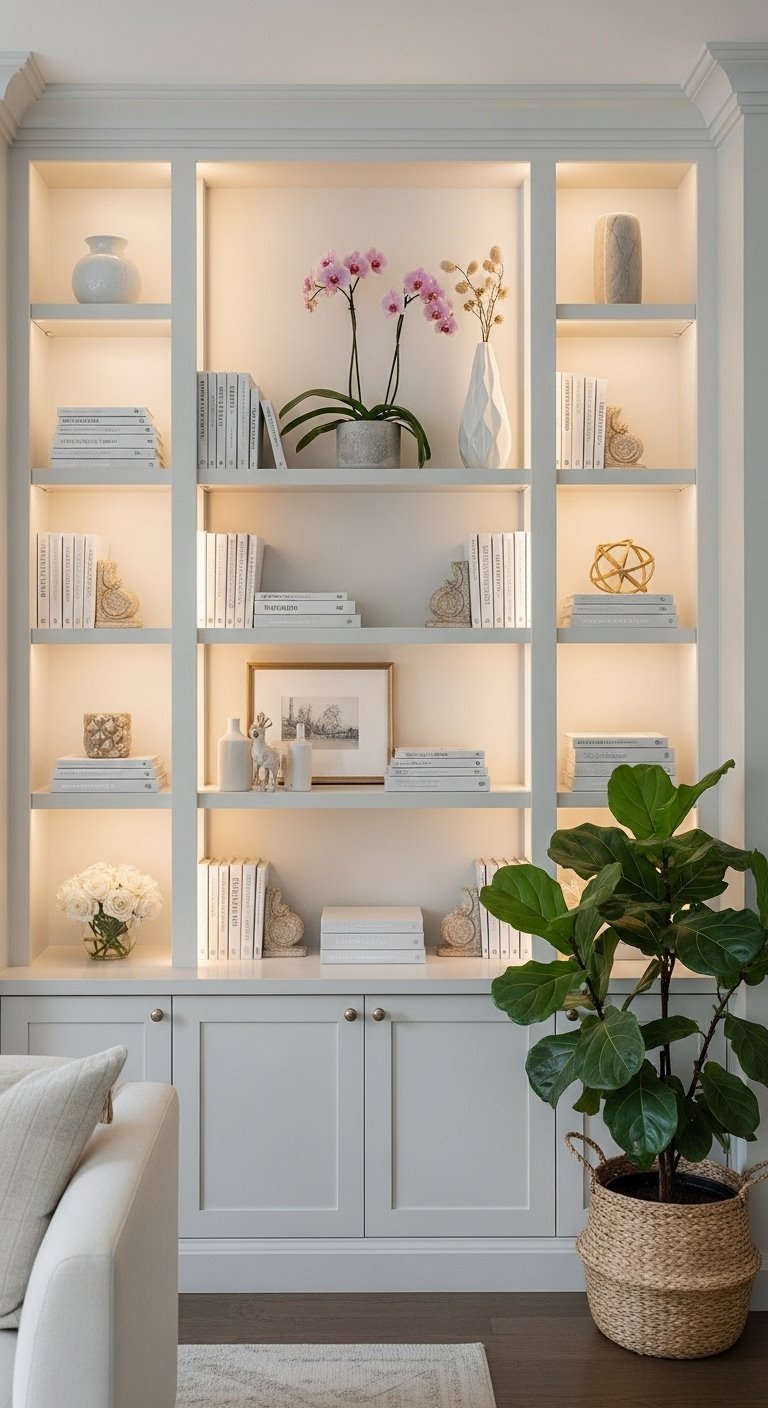 Bibliotheque integree grise avec eclairage interne et objets decoratifs