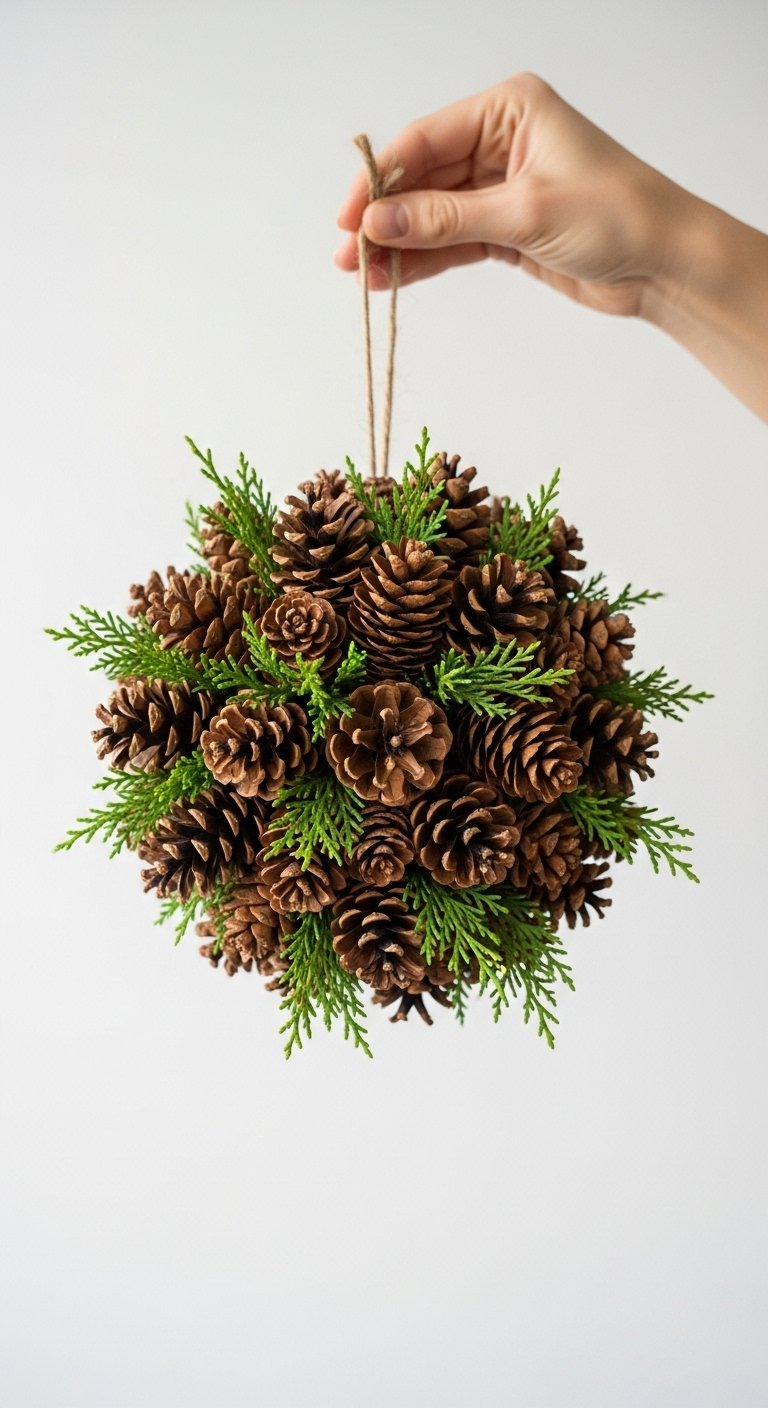 Boule décorative suspendue faite de pommes de pin et de verdure