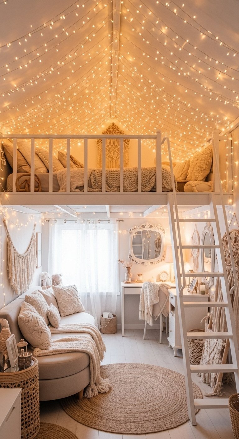 Chambre en mezzanine de style bohème avec plafond de lumières