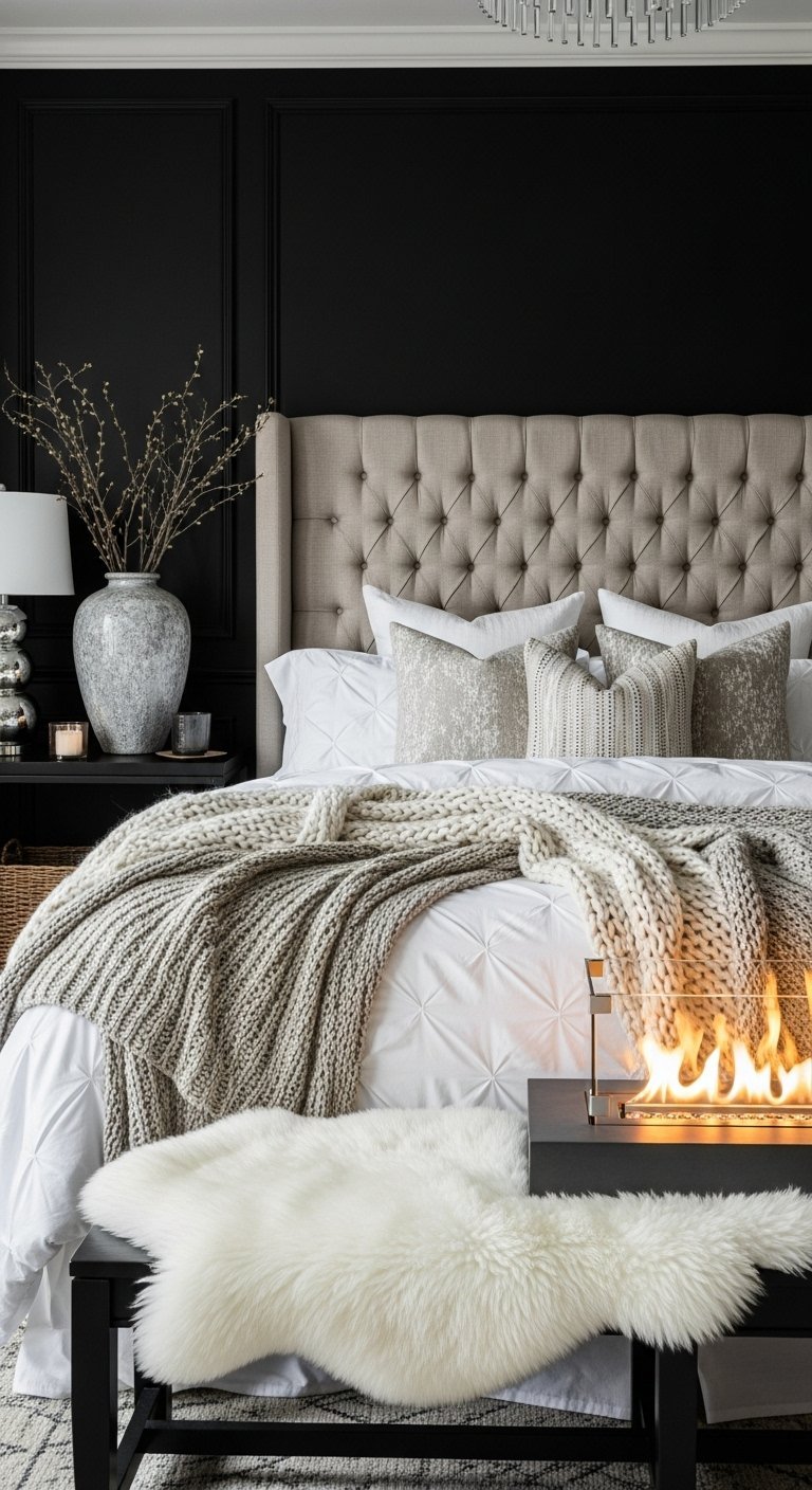 Chambre luxueuse avec mur noir et cheminée de table