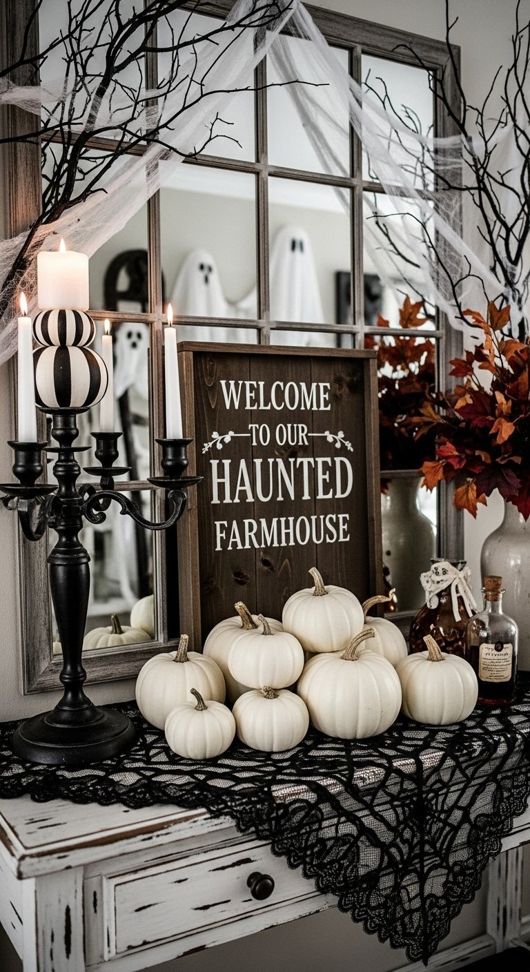 Console en bois avec un panneau Haunted Farmhouse et des citrouilles blanches