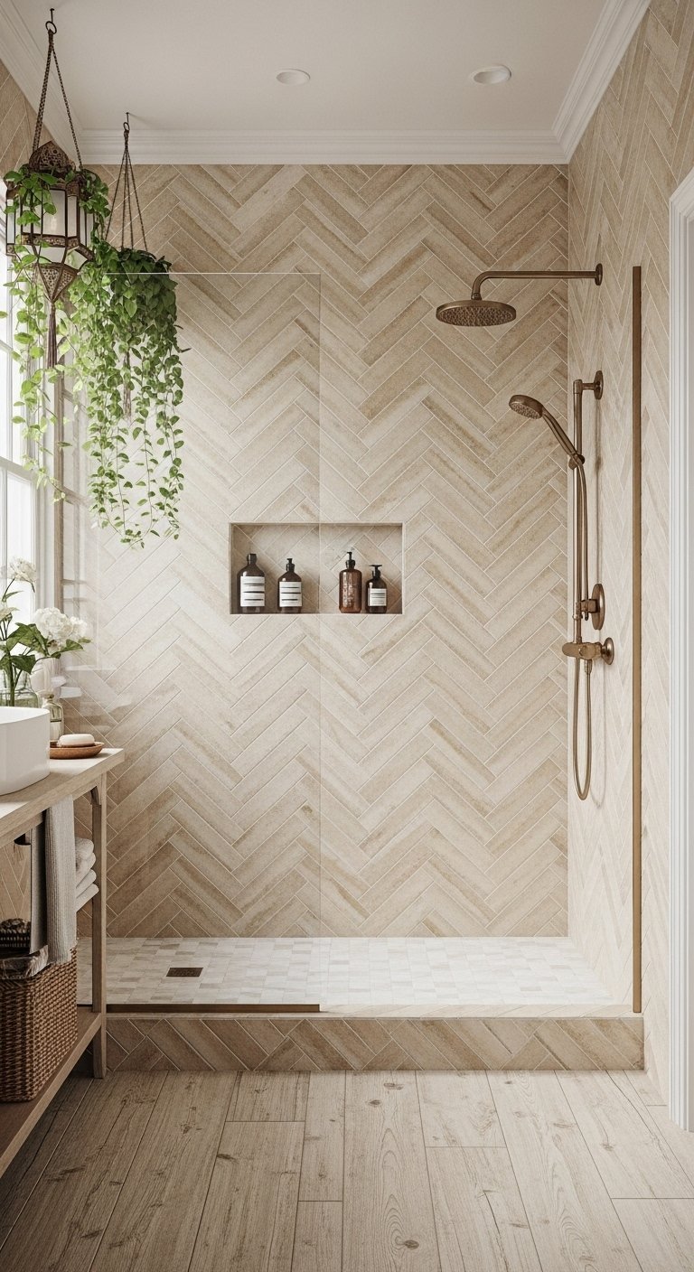 Douche avec carrelage beige en chevron et plante suspendue