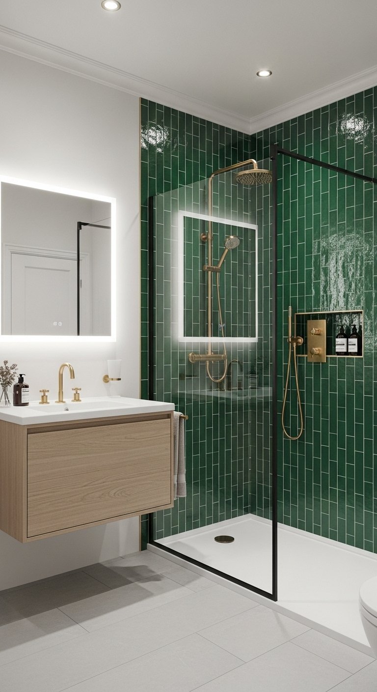 Douche avec carrelage vert vertical et robinetterie dorée