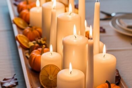 Long plateau en bois rempli de bougies blanches de différentes tailles et de mini citrouilles