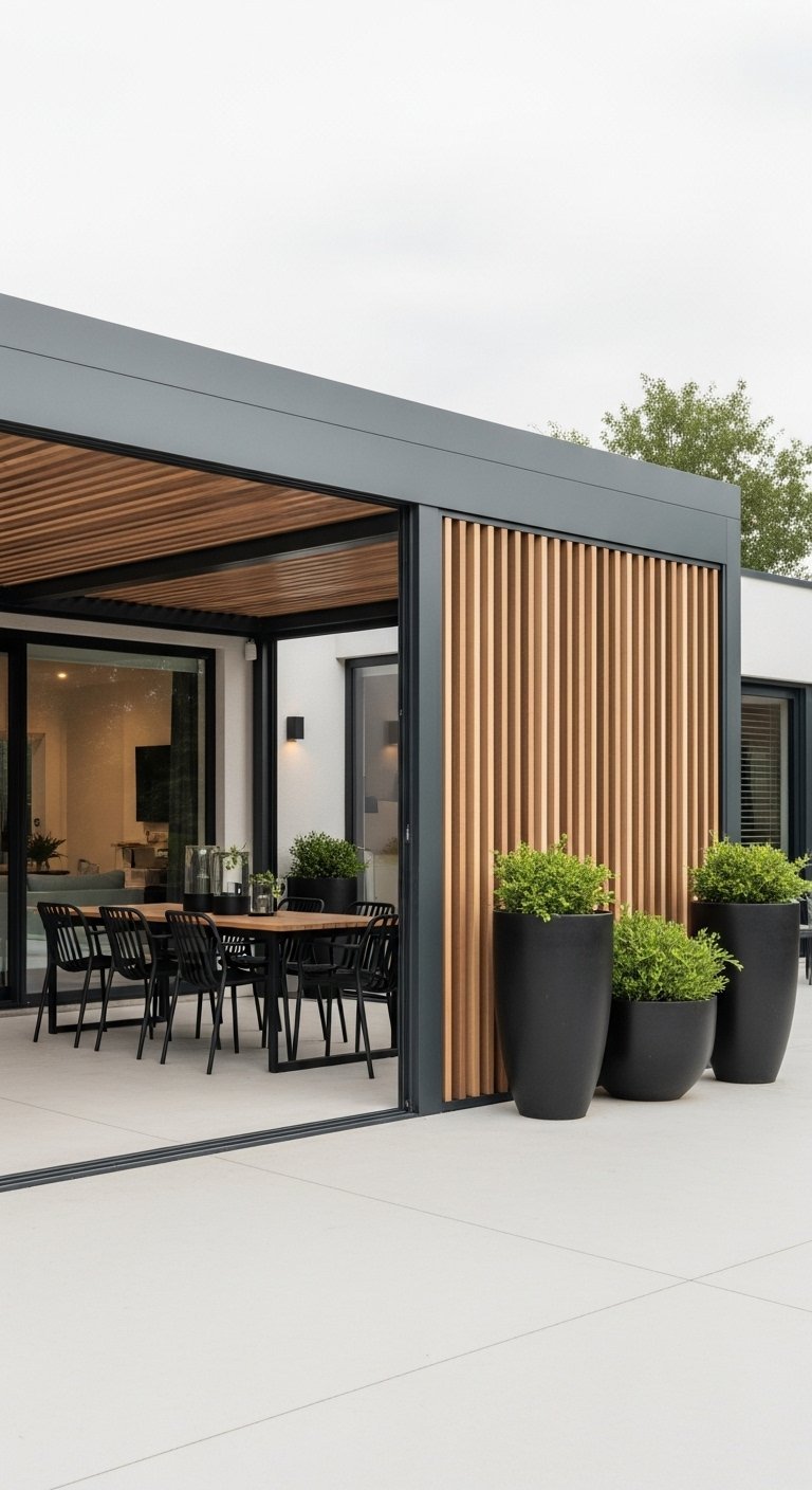 Pergola bioclimatique moderne avec claustra en bois et table à manger