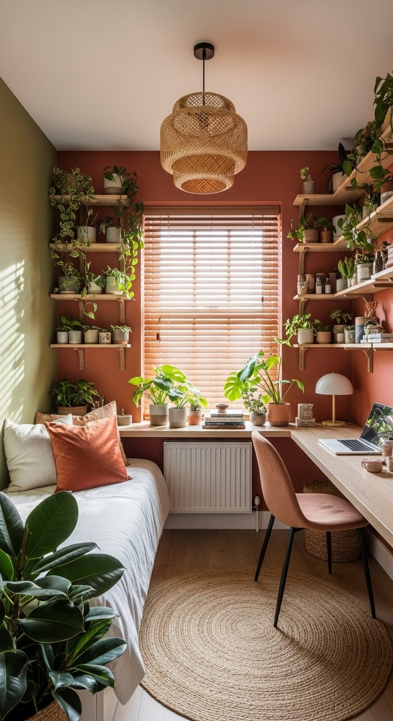 Petite chambre remplie de plantes vertes sur des étagères murales