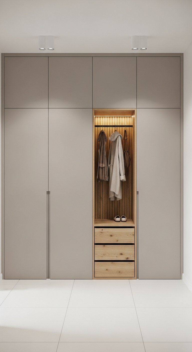 Placard minimaliste gris avec une niche en bois eclairee pour manteaux
