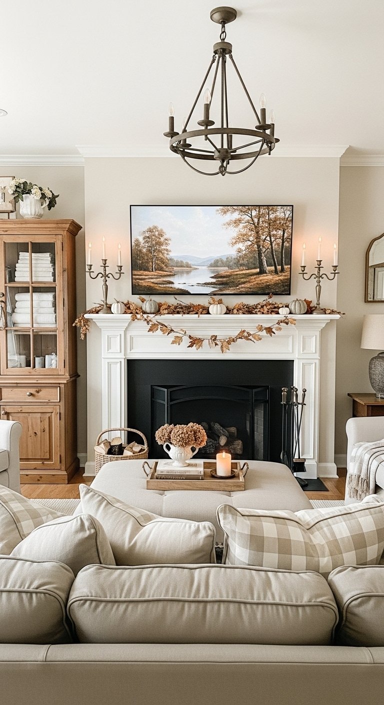 Salon classique avec cheminée blanche et décoration d automne