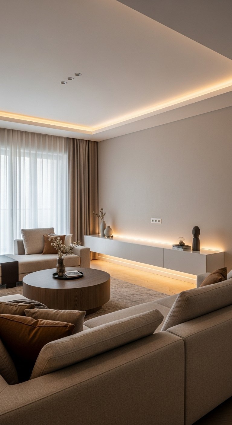 Salon minimaliste beige avec éclairage indirect intégré au plafond