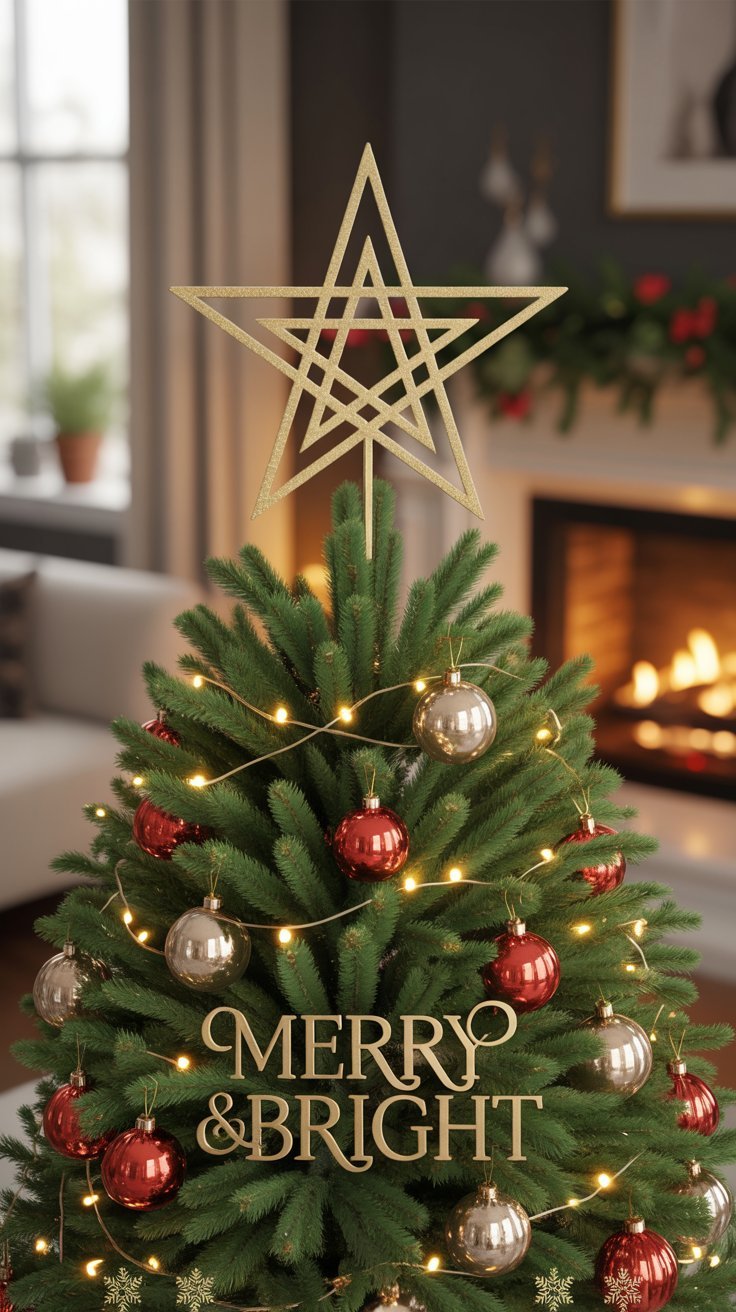 Sommet de sapin de noel avec étoile dorée et ornement Merry & Bright