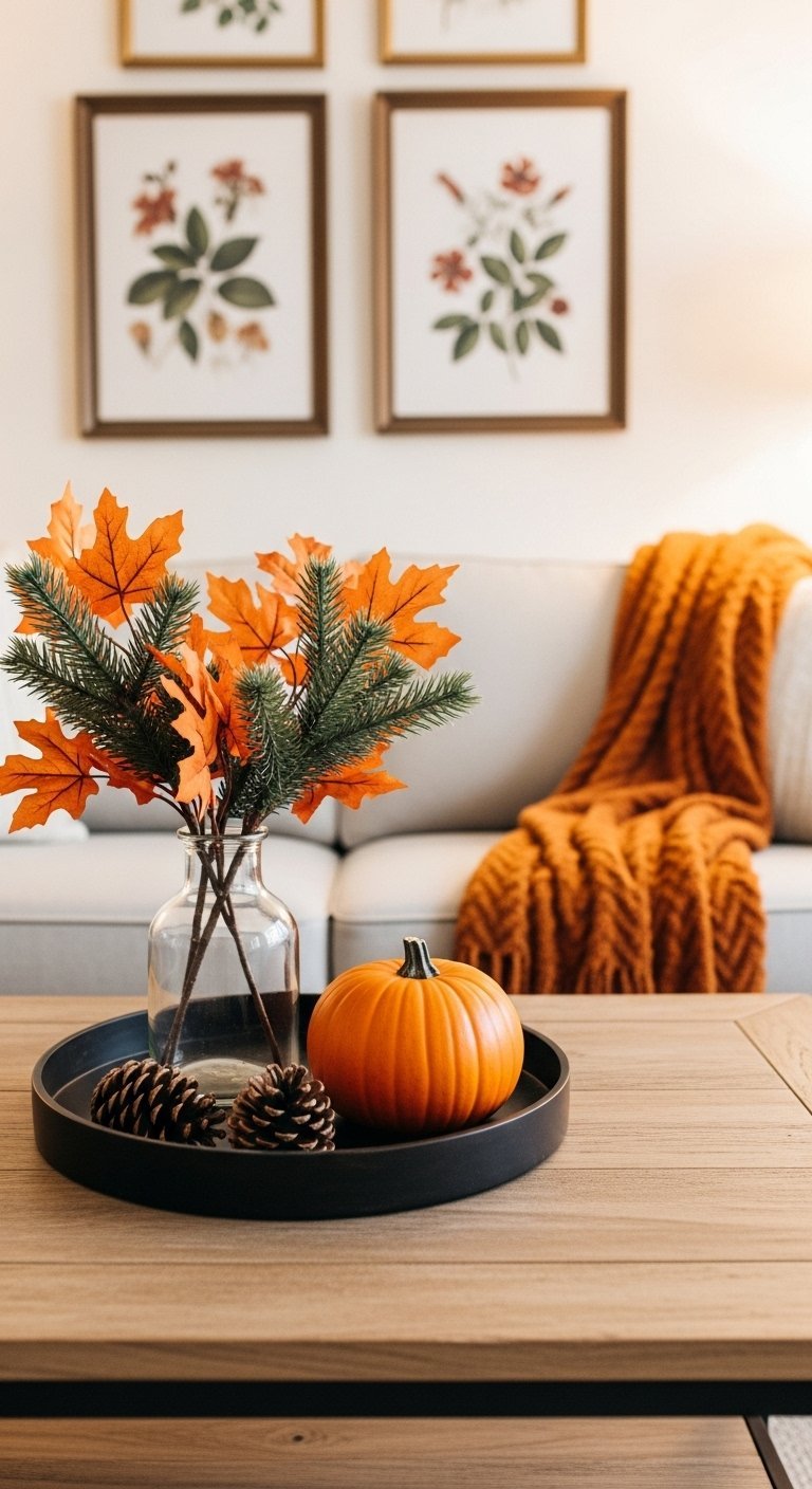 Table basse avec un plateau noir une citrouille et un vase de feuilles d automne