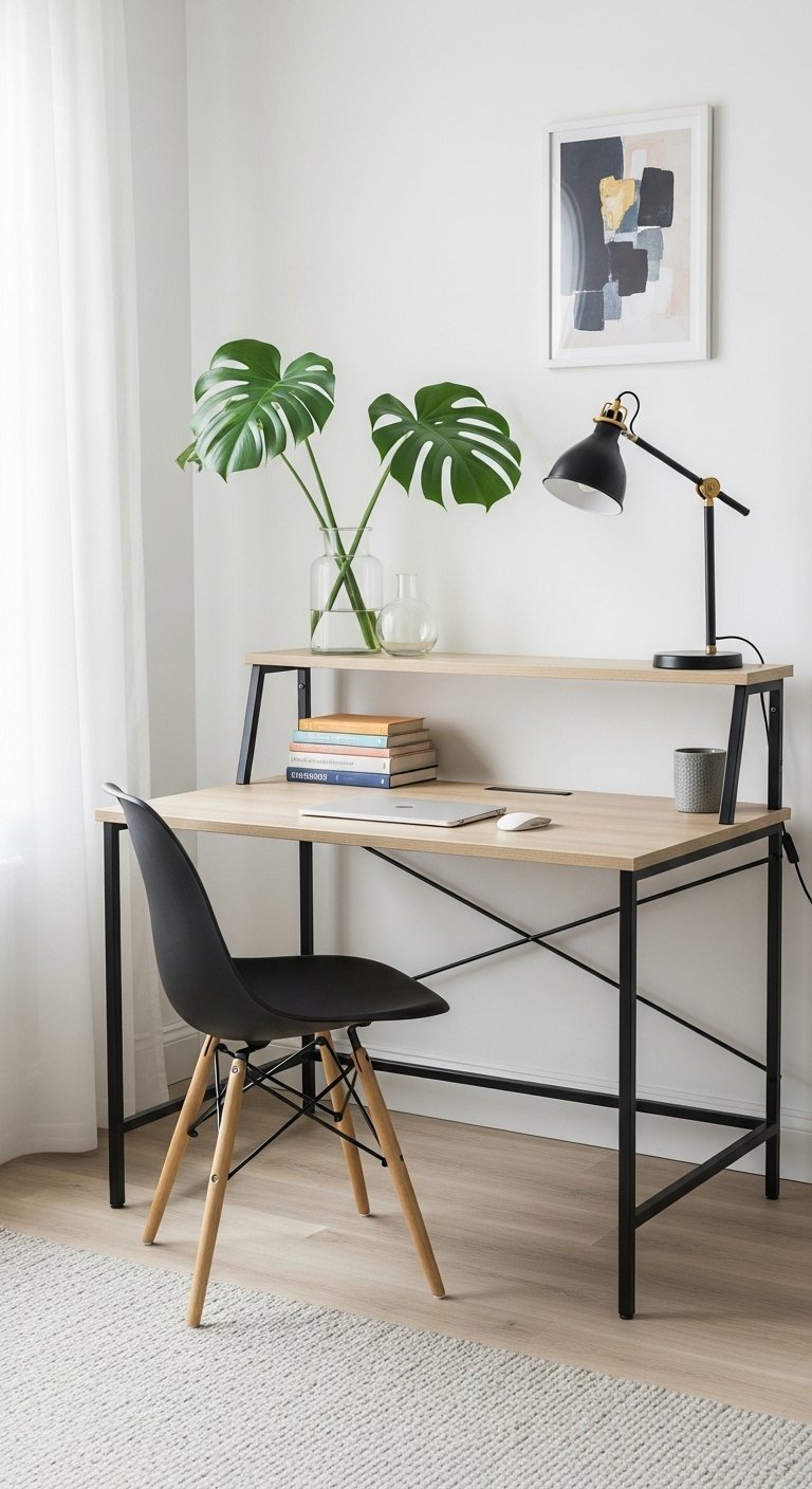 Bureau en bois clair avec chaise noire et plante monstera dans un vase