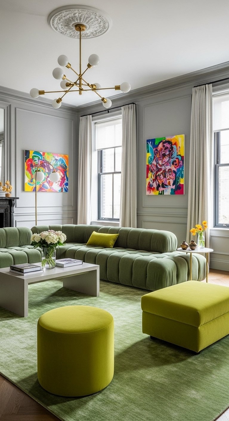 Canapé modulaire vert anis dans un salon gris avec des œuvres d art colorées