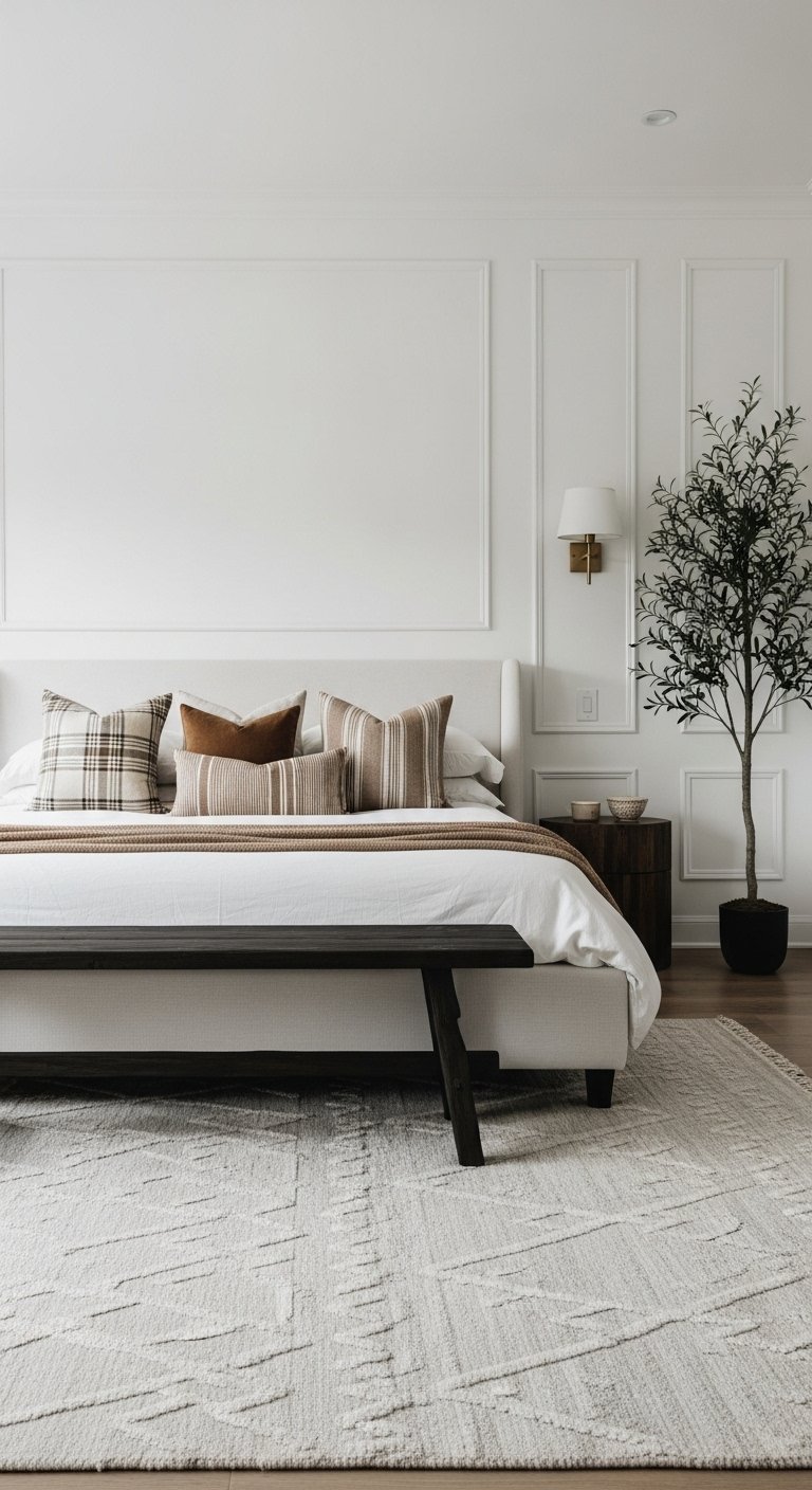 Chambre minimaliste épurée avec murs blancs à moulures