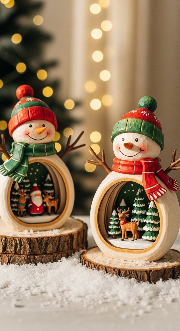 Deux bonshommes de neige en bois avec une scene de noel miniature a l interieur