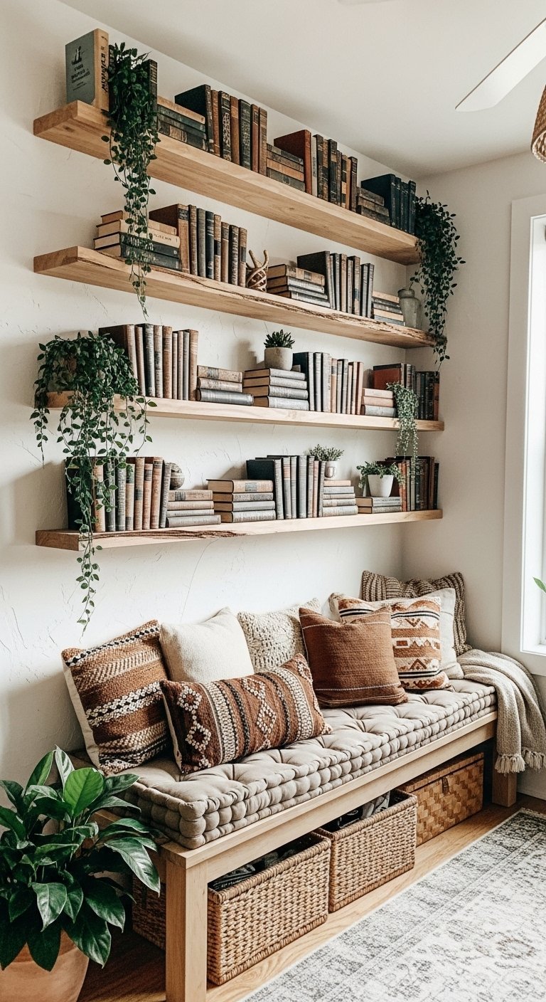 Etageres flottantes en bois brut au dessus dune banquette boheme