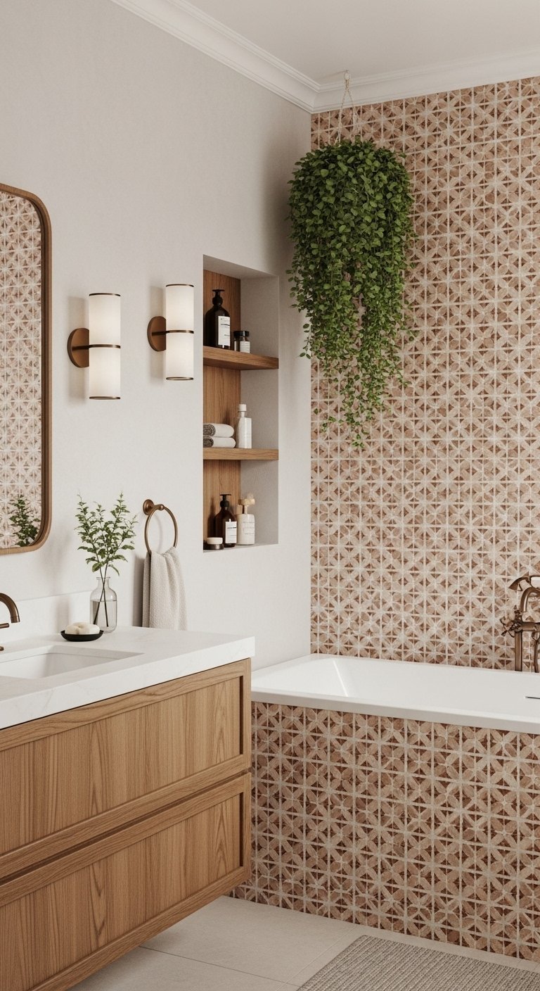 Mur de baignoire avec mosaïque terracotta à motifs géométriques