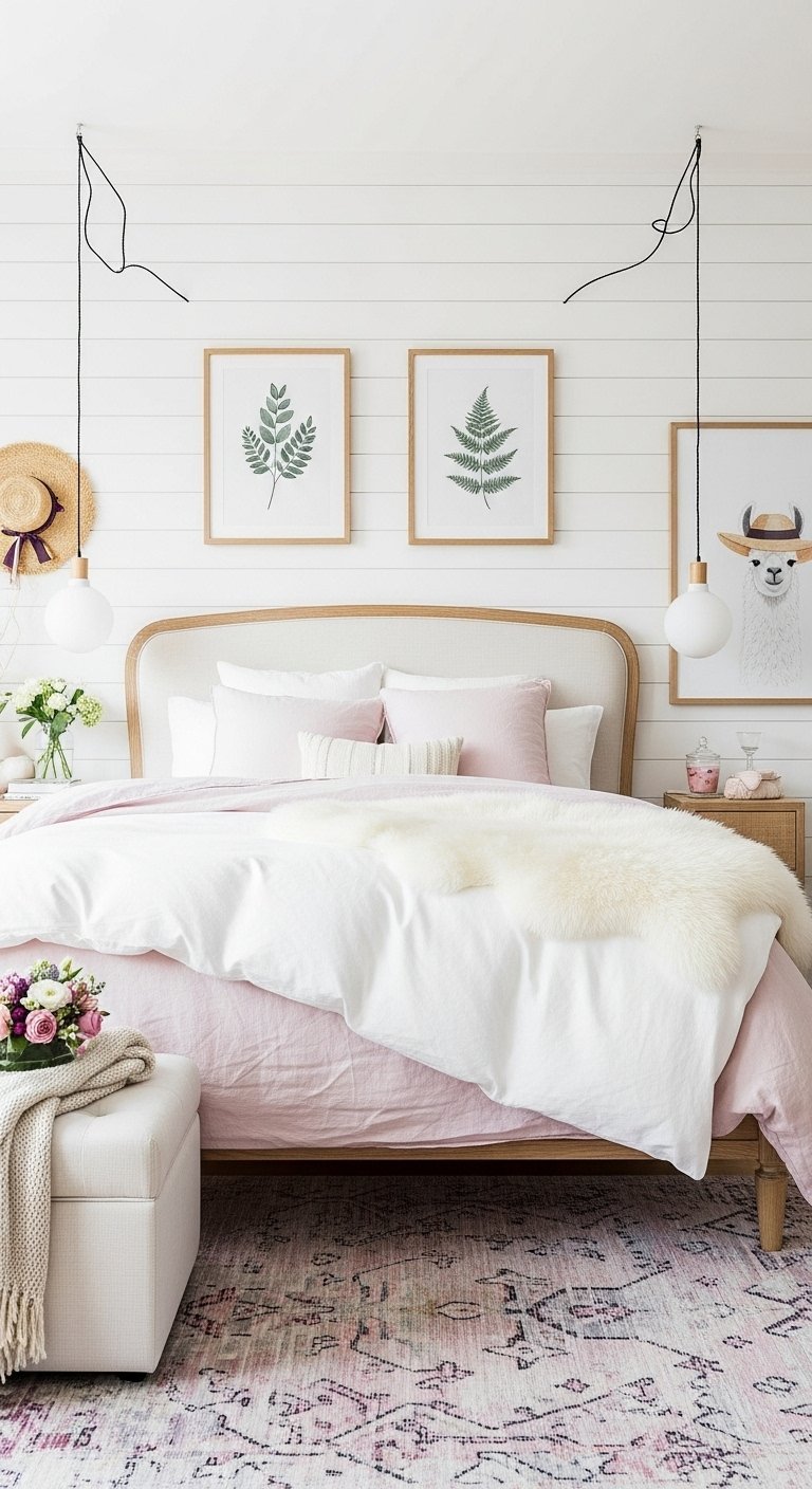 Chambre scandinave douce avec linge de lit rose et mur en lambris