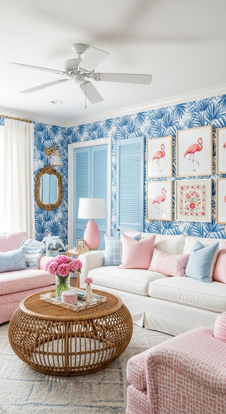 Décor de salon tropical avec papier peint à palmes bleues et cadres de flamants roses